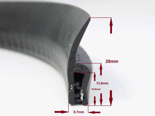 Kantenschutzprofil aus EPDM-Weichgummi, schwarz, Klemmbereich 1-3mm (8,7mmx28mm)